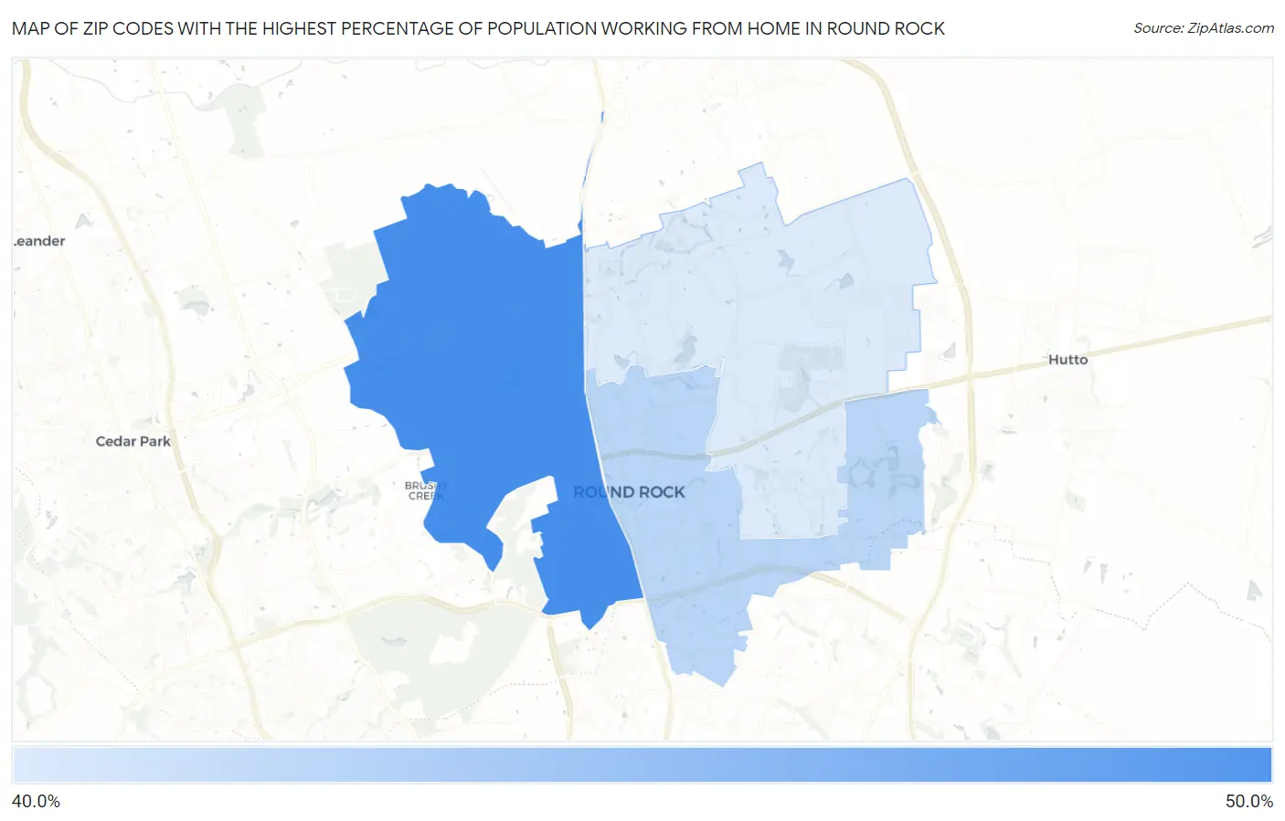 Zip Codes with the Highest Percentage of Population Working from Home in Round Rock Map