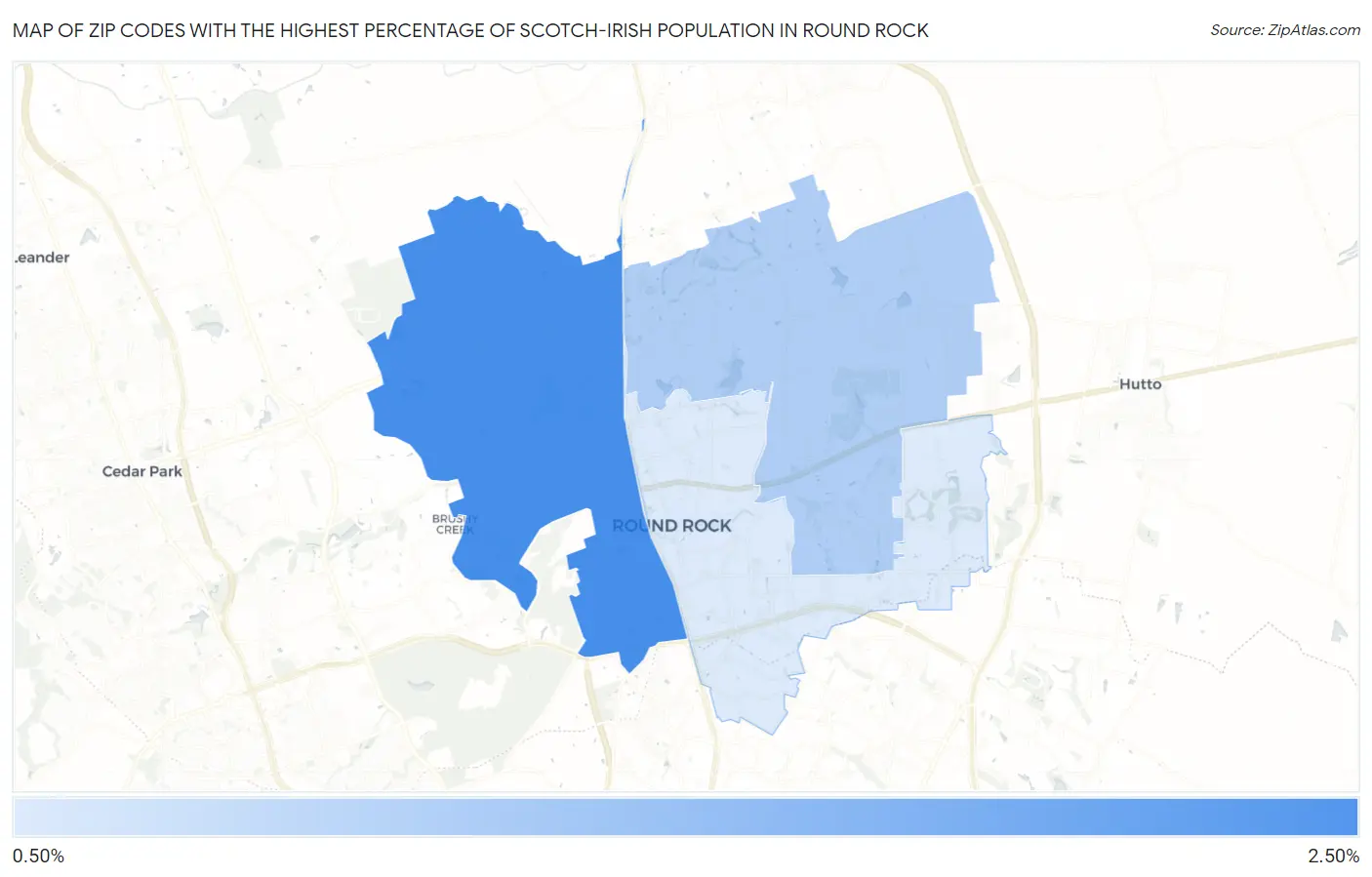 Zip Codes with the Highest Percentage of Scotch-Irish Population in Round Rock Map