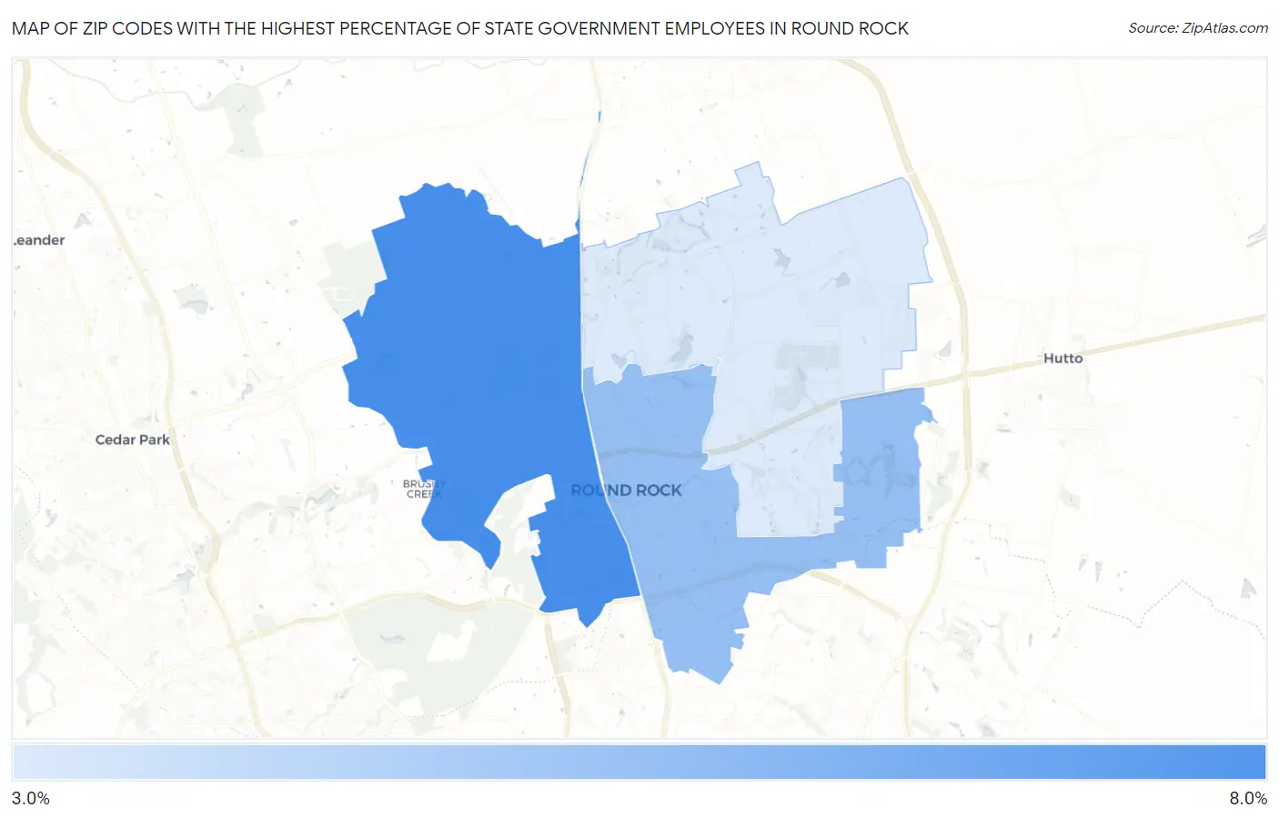 Zip Codes with the Highest Percentage of State Government Employees in Round Rock Map