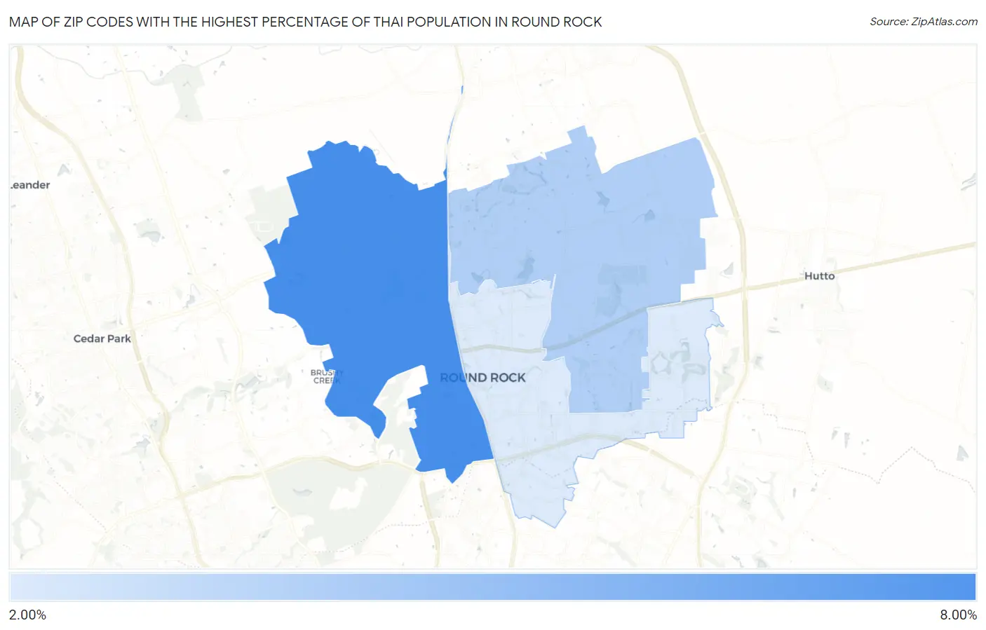 Zip Codes with the Highest Percentage of Thai Population in Round Rock Map