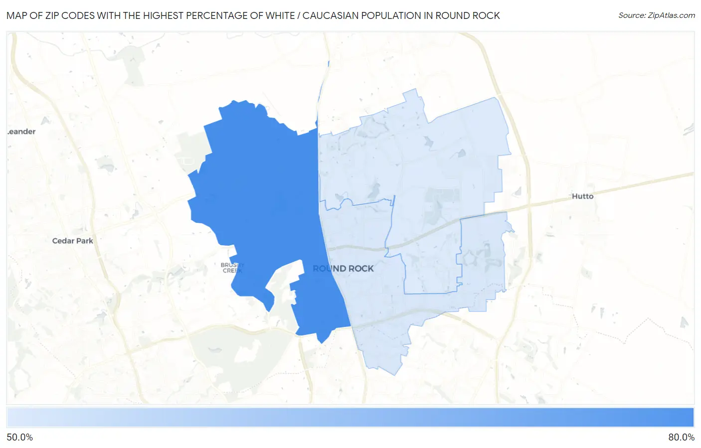 Zip Codes with the Highest Percentage of White / Caucasian Population in Round Rock Map