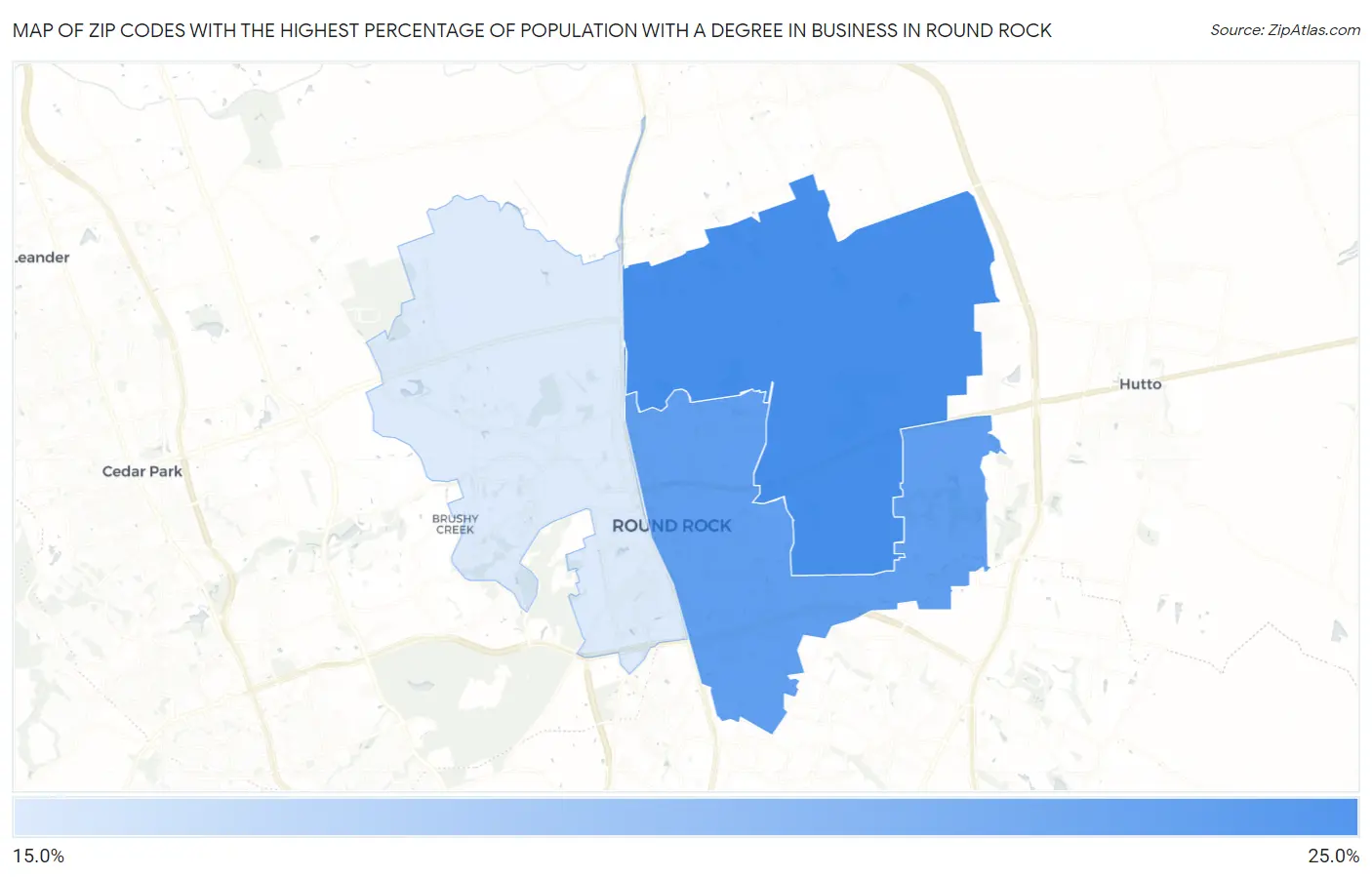 Zip Codes with the Highest Percentage of Population with a Degree in Business in Round Rock Map