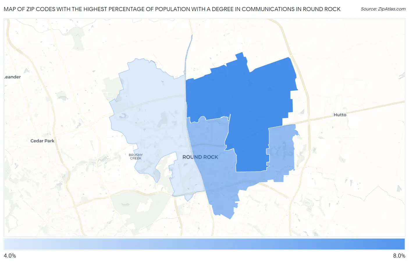 Zip Codes with the Highest Percentage of Population with a Degree in Communications in Round Rock Map