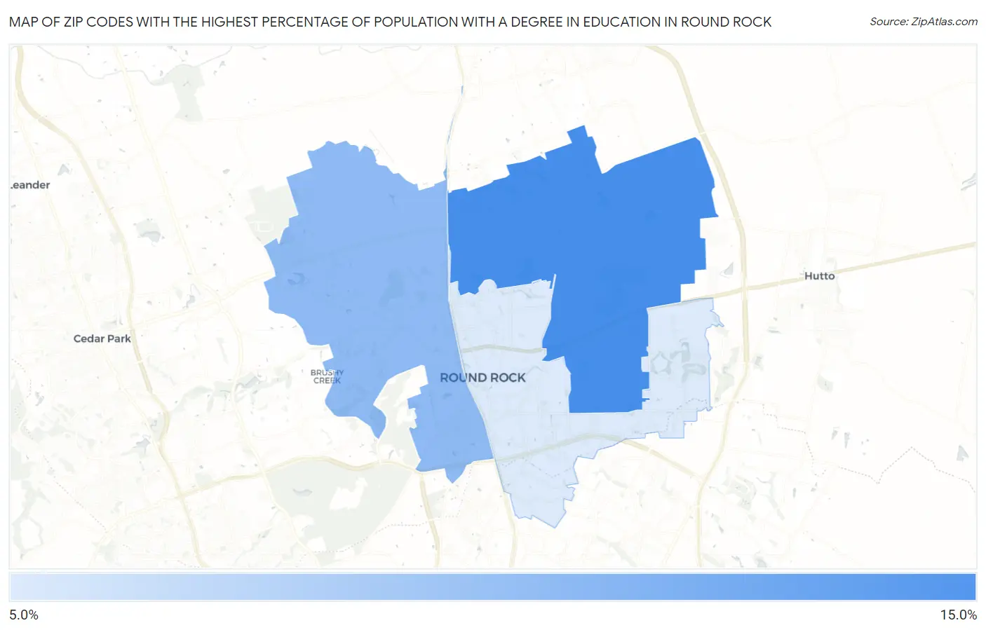 Zip Codes with the Highest Percentage of Population with a Degree in Education in Round Rock Map