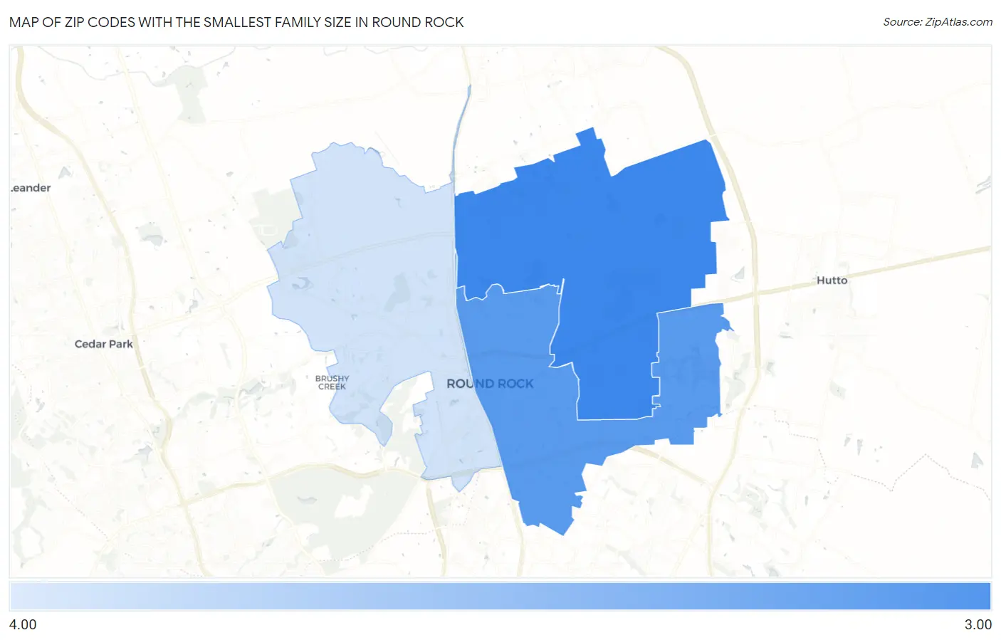 Zip Codes with the Smallest Family Size in Round Rock Map