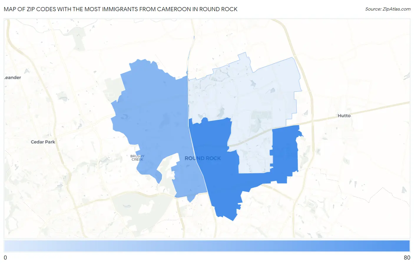Zip Codes with the Most Immigrants from Cameroon in Round Rock Map
