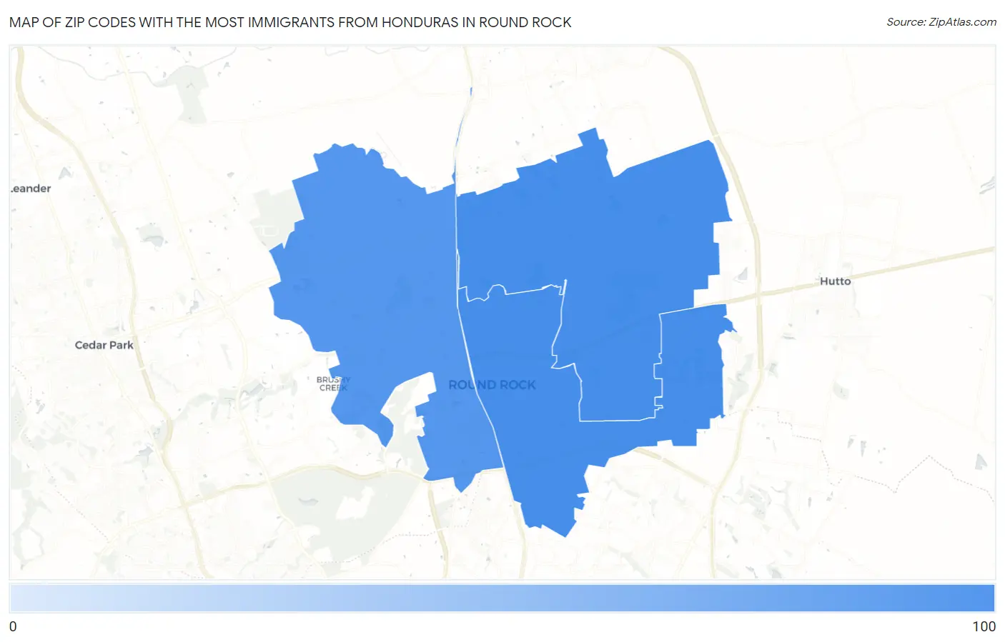 Zip Codes with the Most Immigrants from Honduras in Round Rock Map