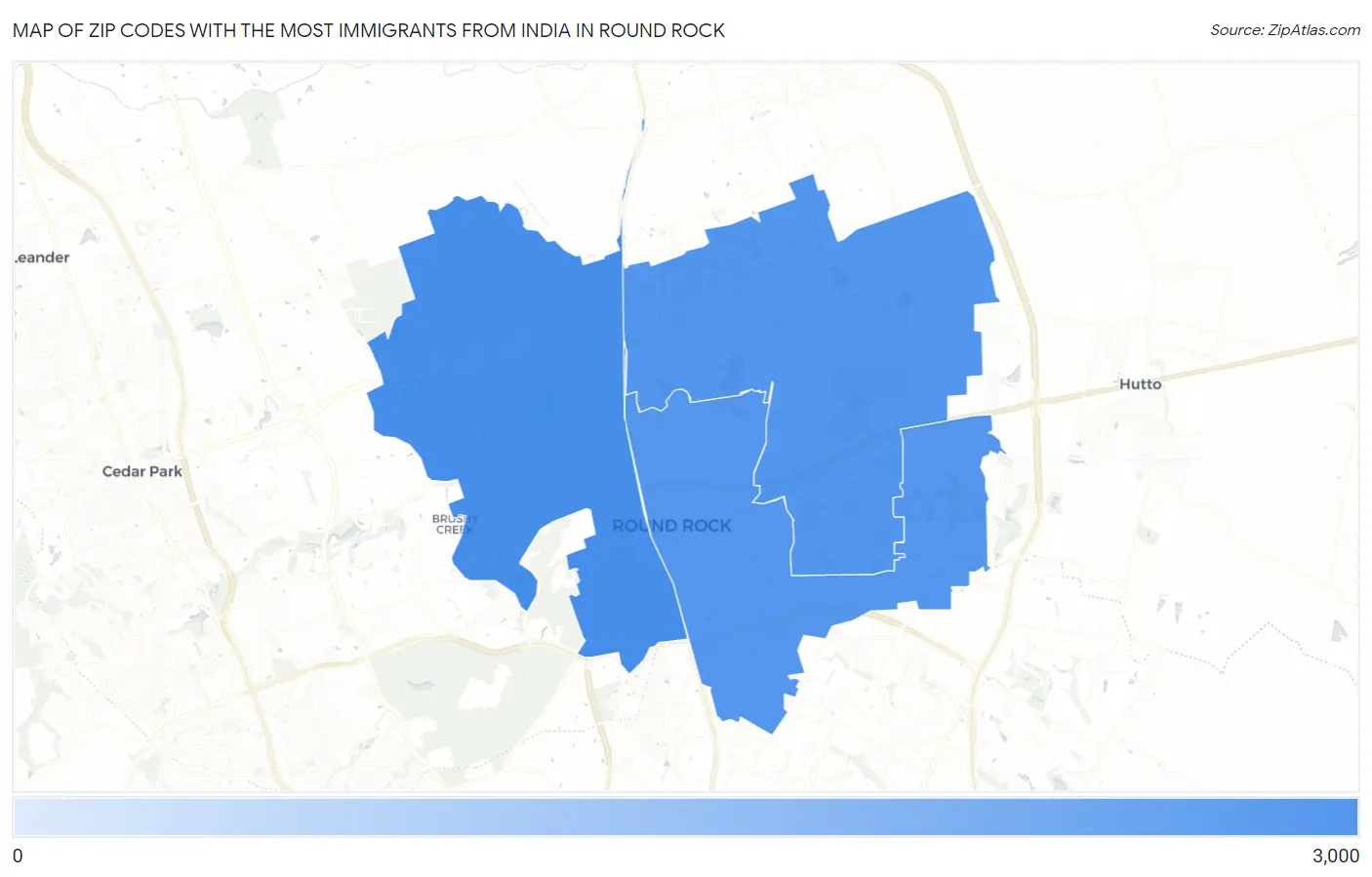 Zip Codes with the Most Immigrants from India in Round Rock Map