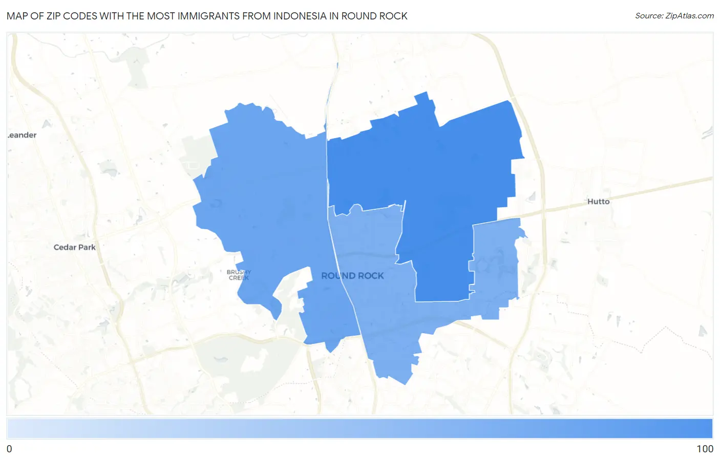 Zip Codes with the Most Immigrants from Indonesia in Round Rock Map