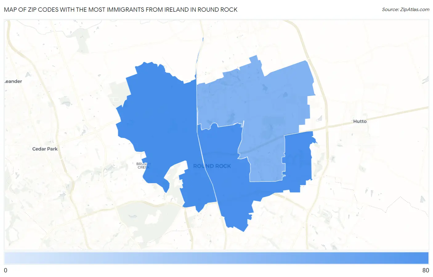 Zip Codes with the Most Immigrants from Ireland in Round Rock Map