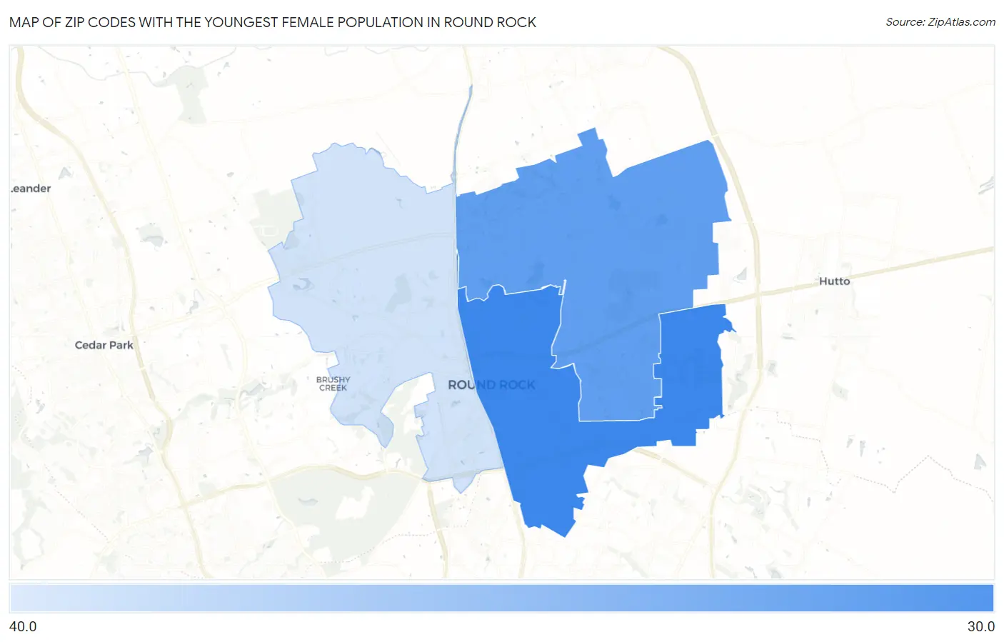 Zip Codes with the Youngest Female Population in Round Rock Map