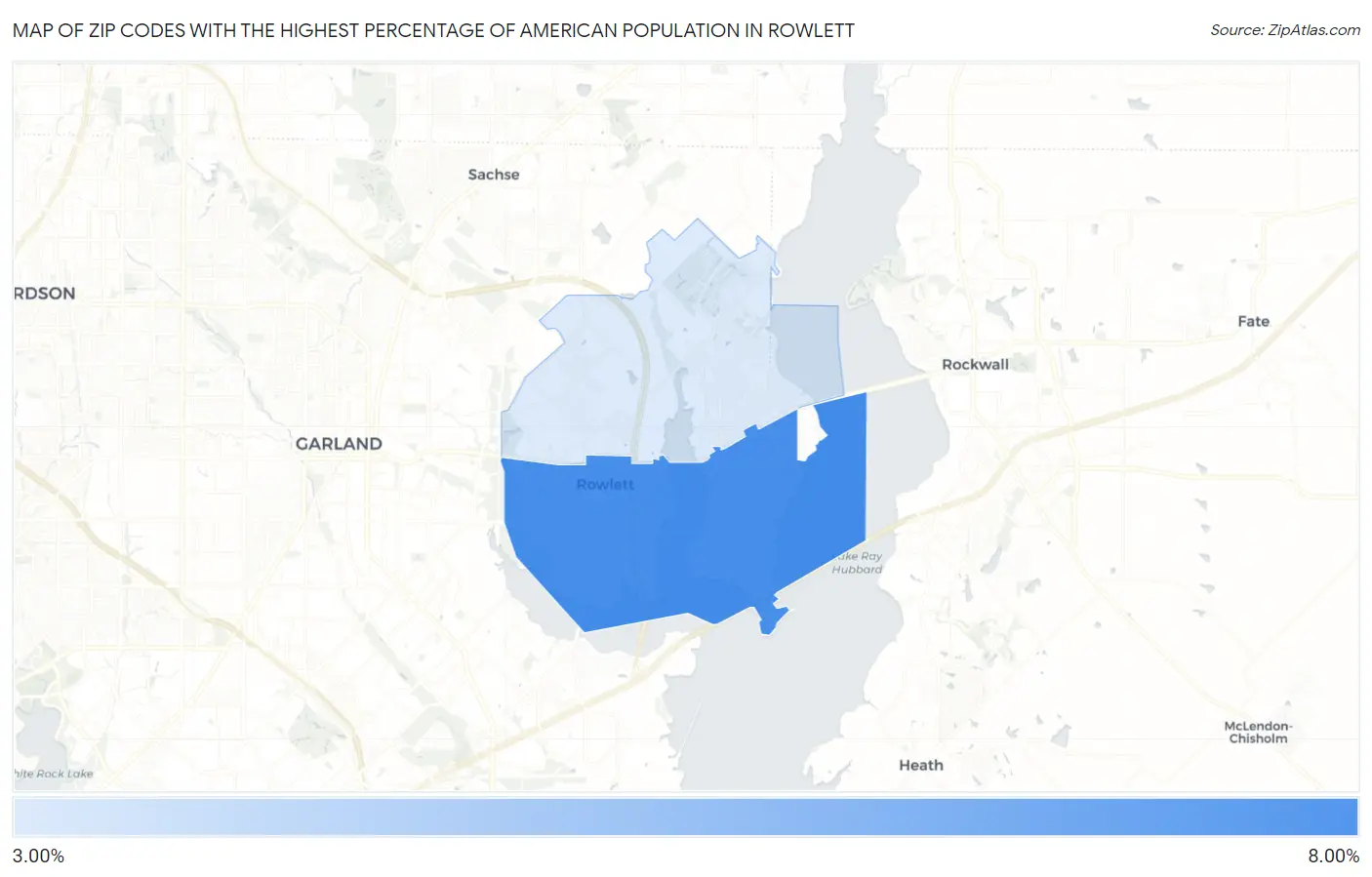 Zip Codes with the Highest Percentage of American Population in Rowlett Map