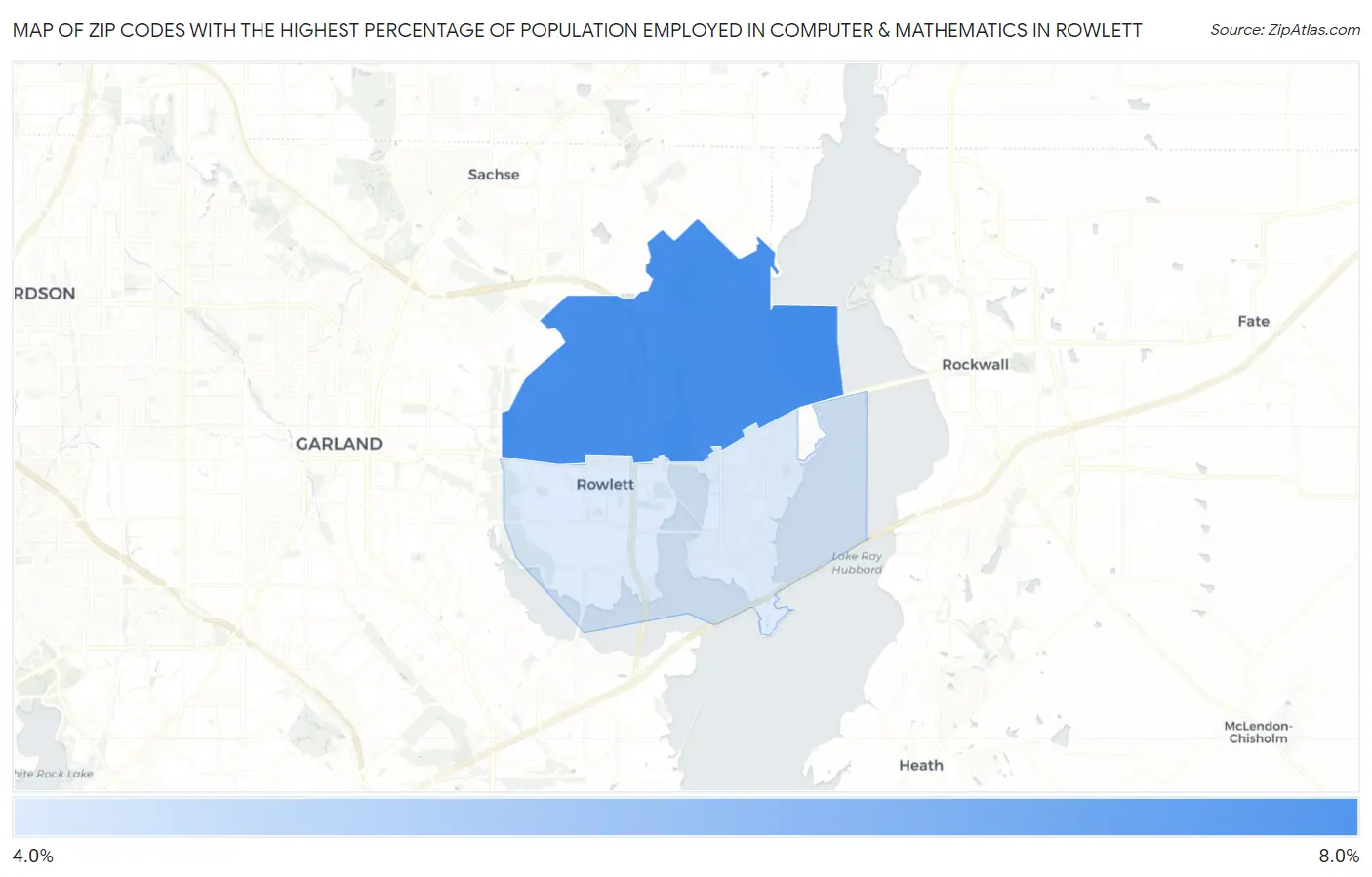 Zip Codes with the Highest Percentage of Population Employed in Computer & Mathematics in Rowlett Map