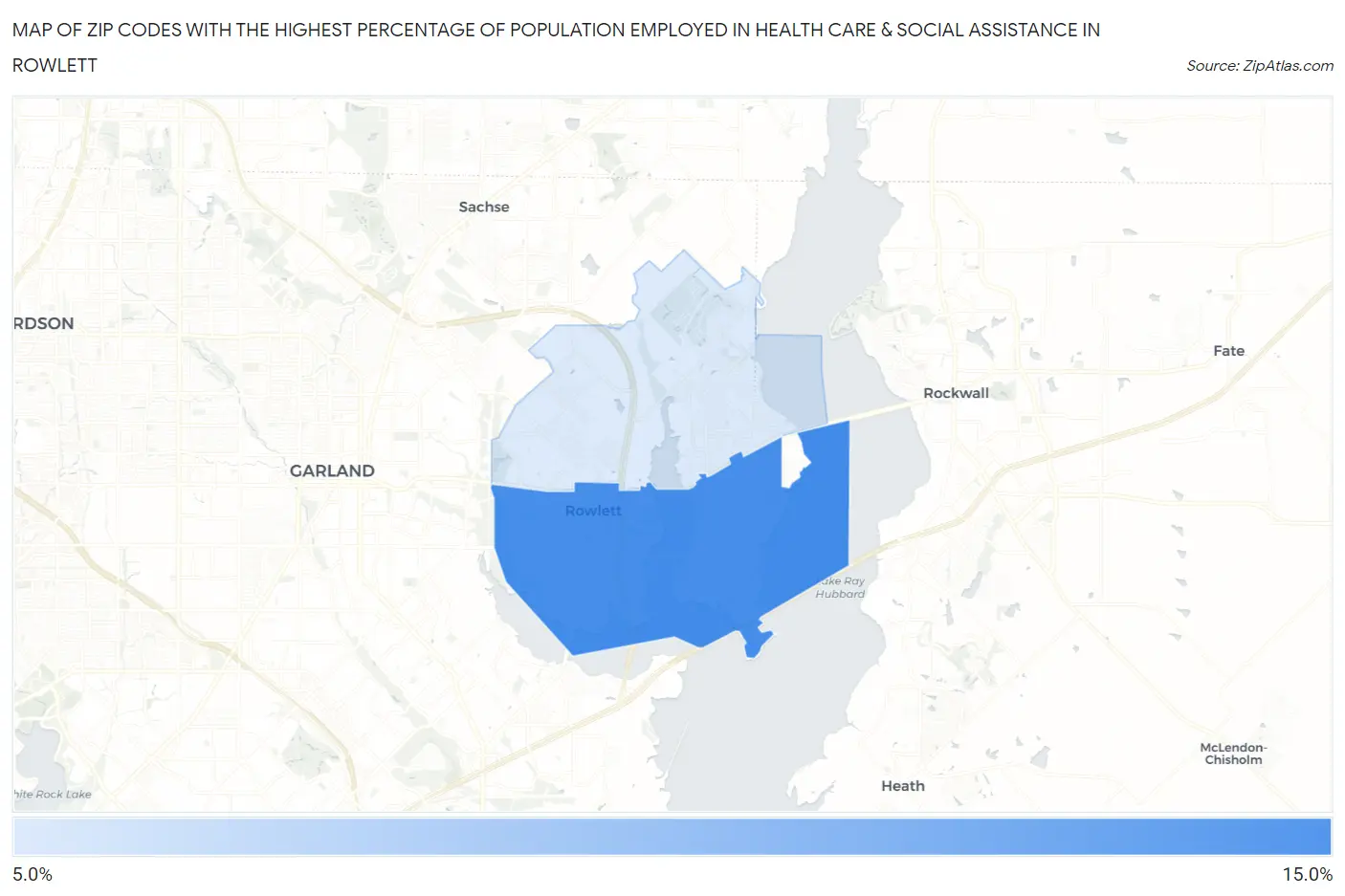 Zip Codes with the Highest Percentage of Population Employed in Health Care & Social Assistance in Rowlett Map