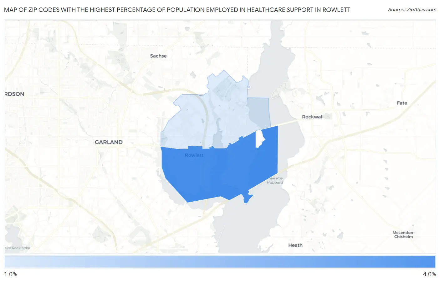 Zip Codes with the Highest Percentage of Population Employed in Healthcare Support in Rowlett Map