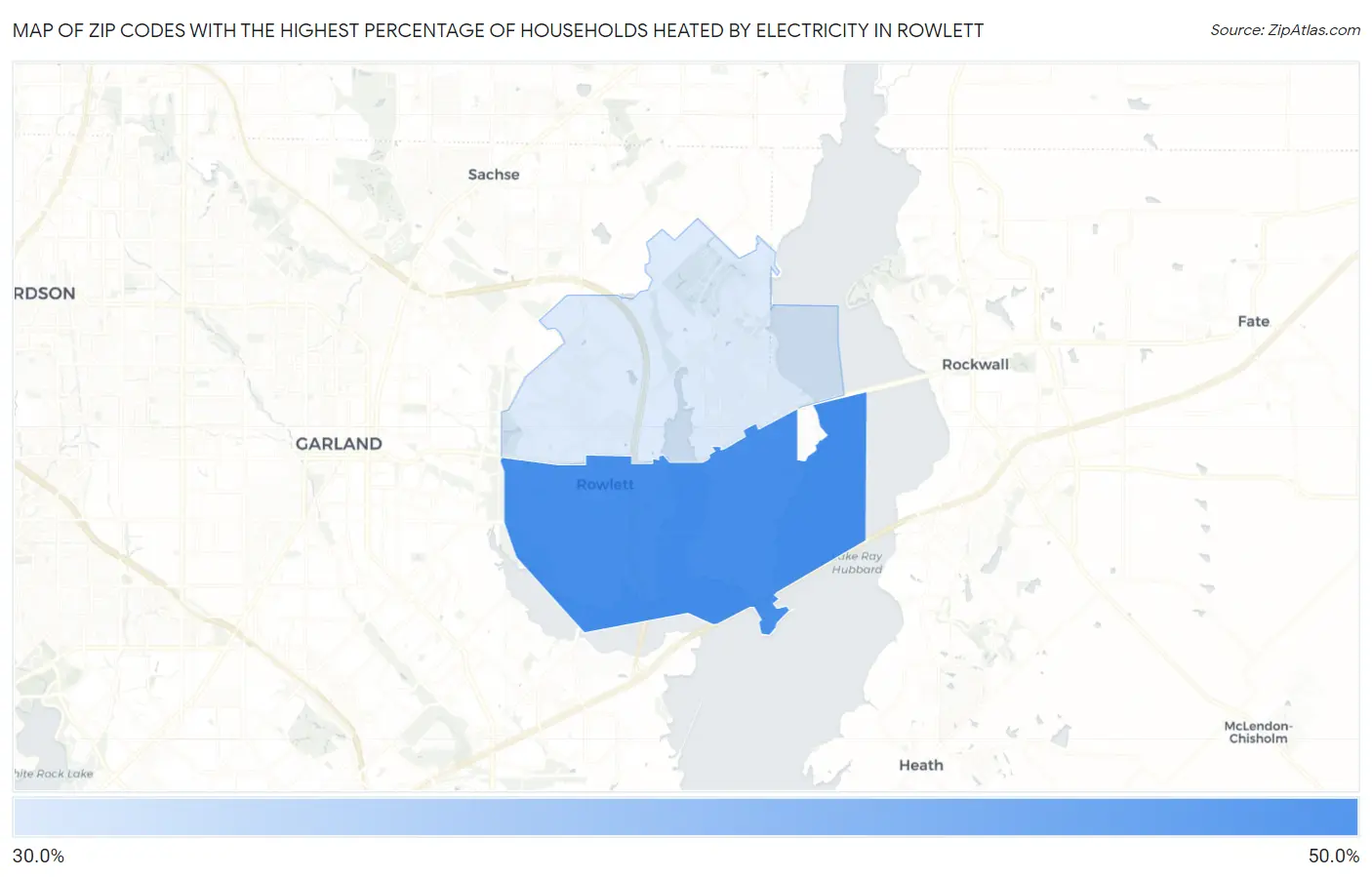 Zip Codes with the Highest Percentage of Households Heated by Electricity in Rowlett Map