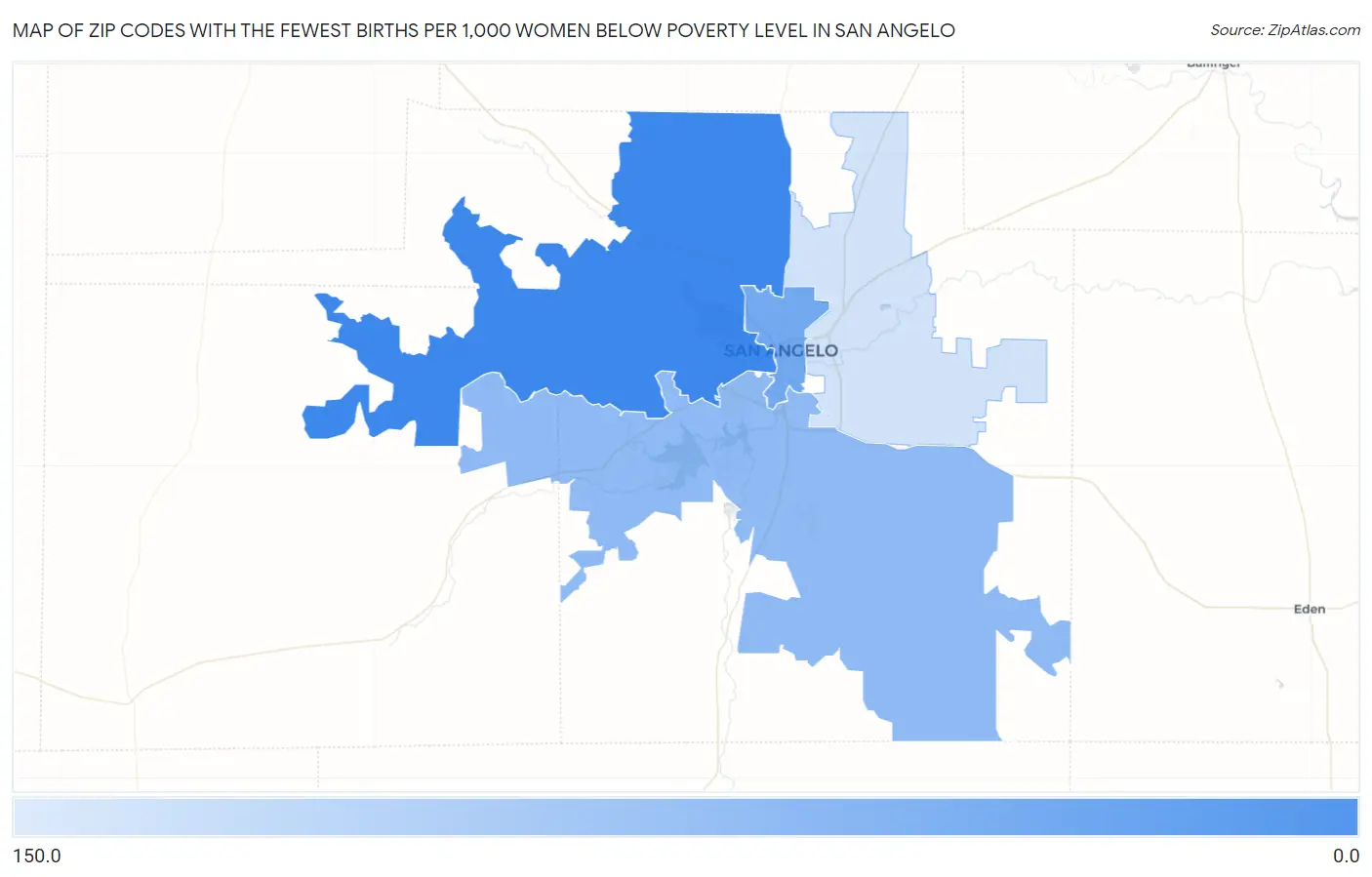 Zip Codes with the Fewest Births per 1,000 Women Below Poverty Level in San Angelo Map