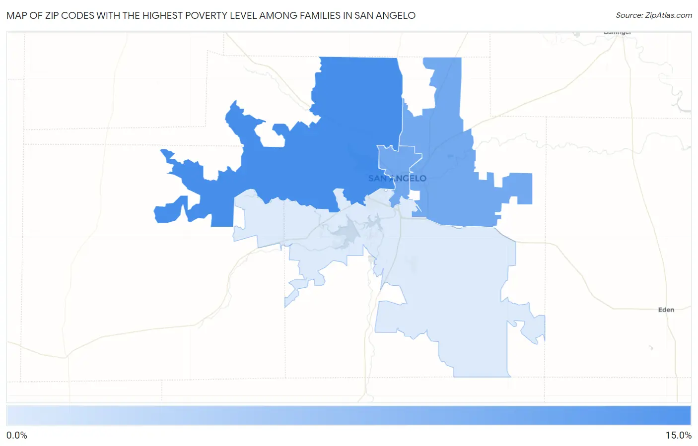 Zip Codes with the Highest Poverty Level Among Families in San Angelo Map