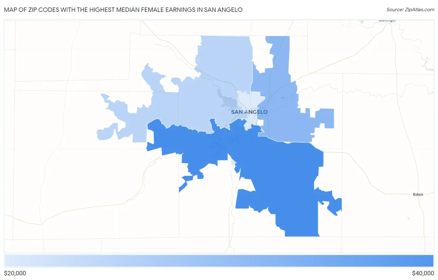 Zip Codes with the Highest Median Female Earnings in San Angelo Map
