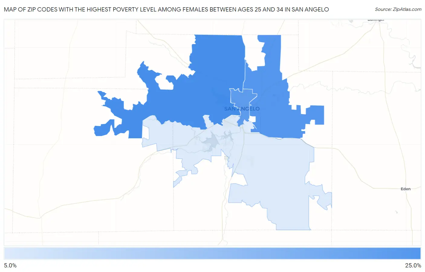 Zip Codes with the Highest Poverty Level Among Females Between Ages 25 and 34 in San Angelo Map