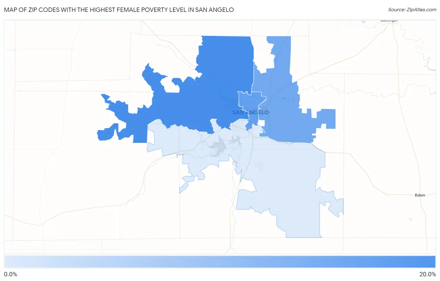 Zip Codes with the Highest Female Poverty Level in San Angelo Map