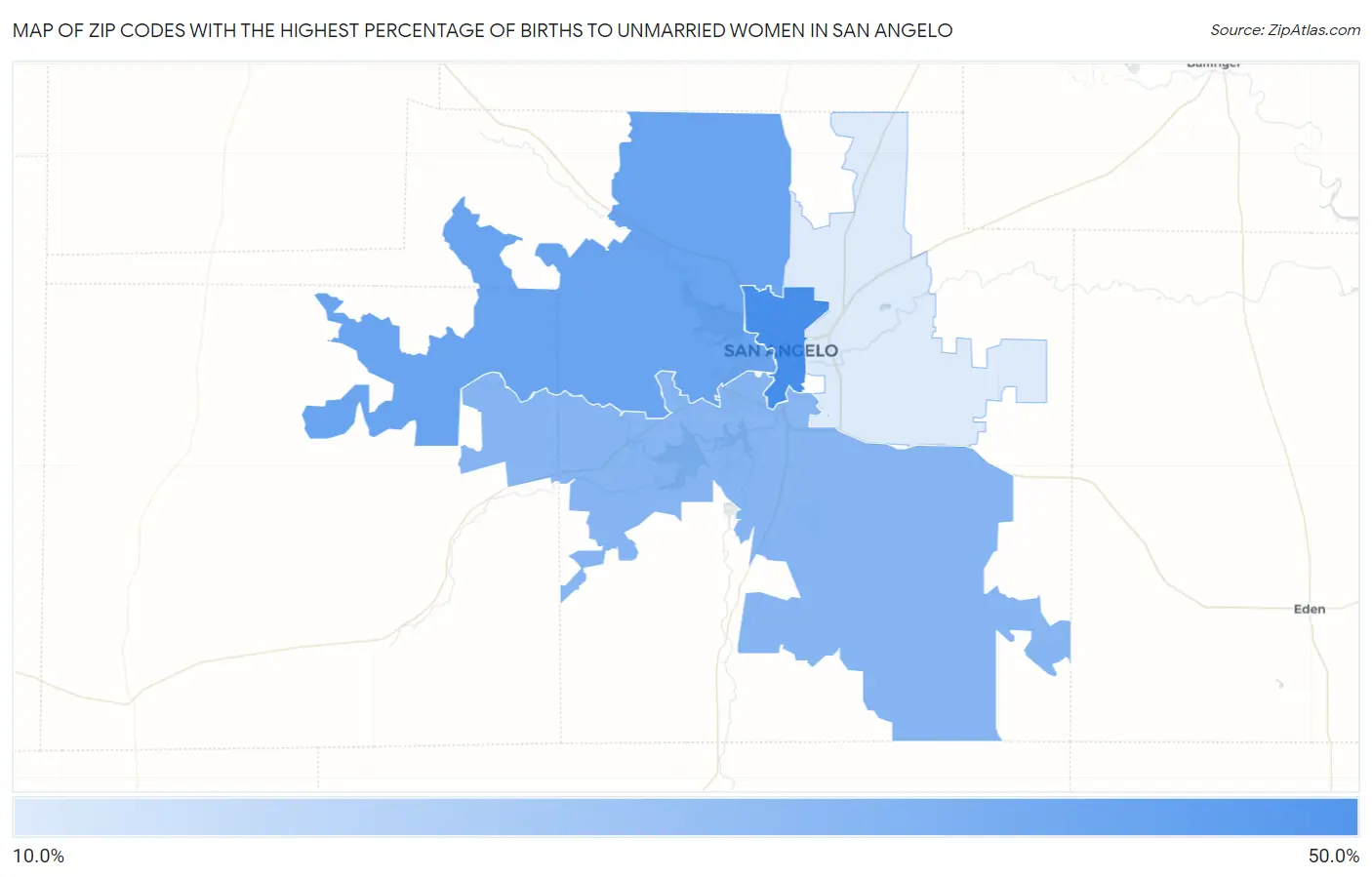 Zip Codes with the Highest Percentage of Births to Unmarried Women in San Angelo Map