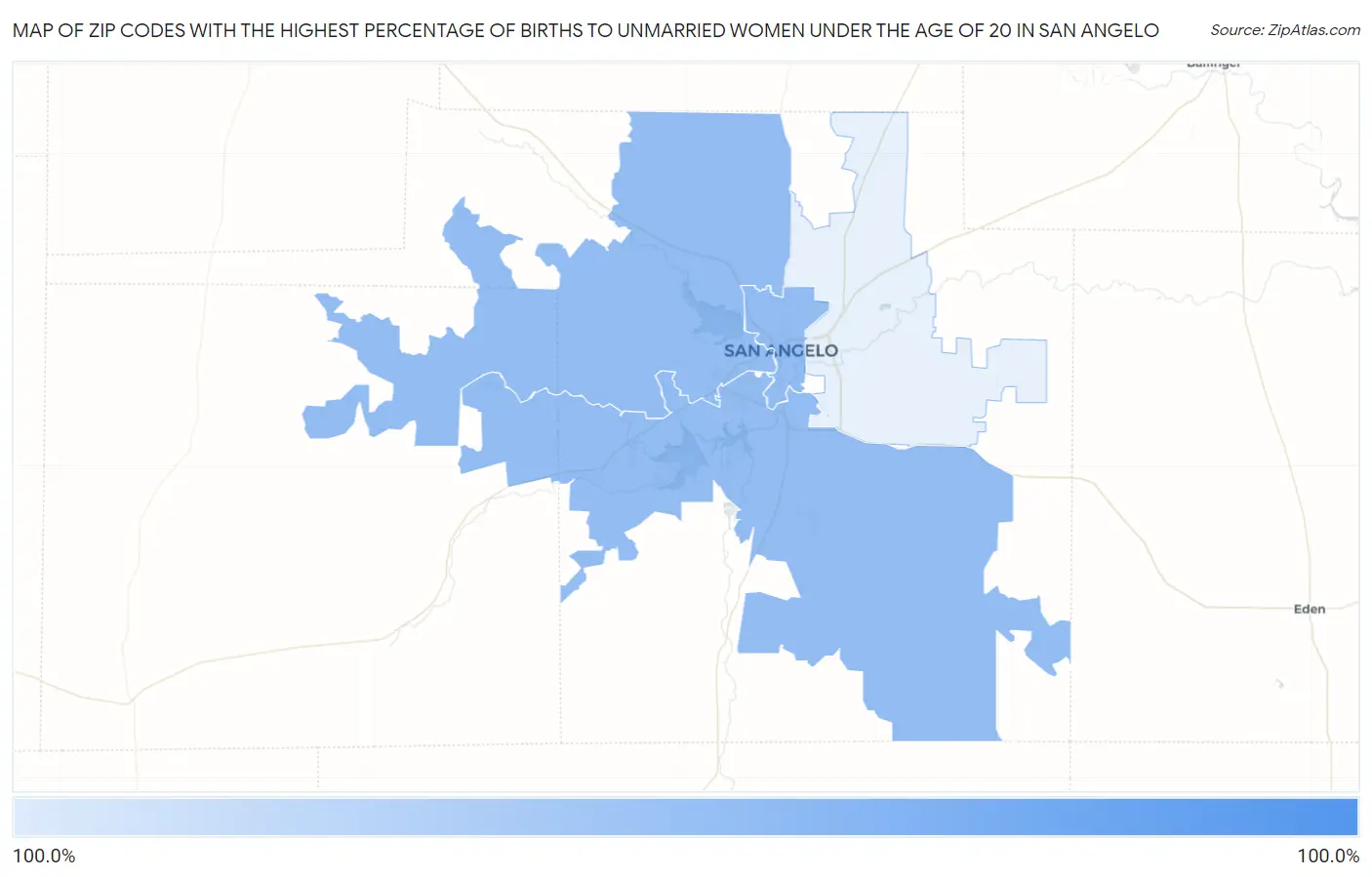 Zip Codes with the Highest Percentage of Births to Unmarried Women under the Age of 20 in San Angelo Map