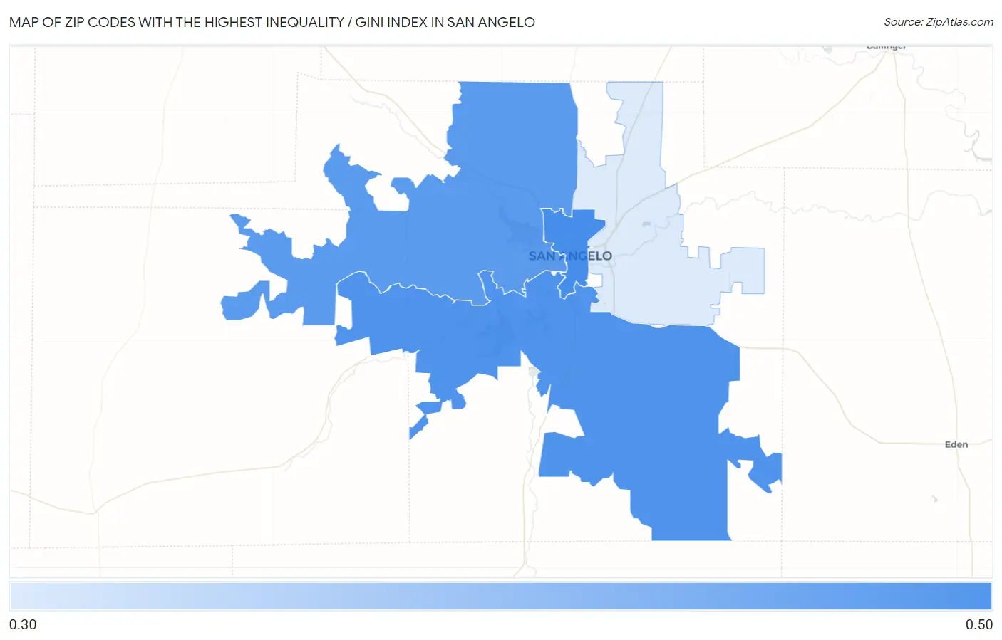 Zip Codes with the Highest Inequality / Gini Index in San Angelo Map