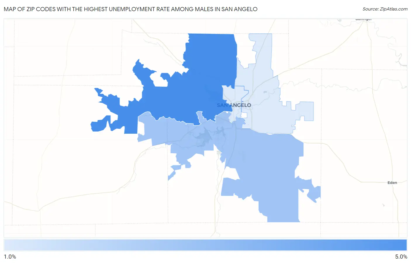 Zip Codes with the Highest Unemployment Rate Among Males in San Angelo Map