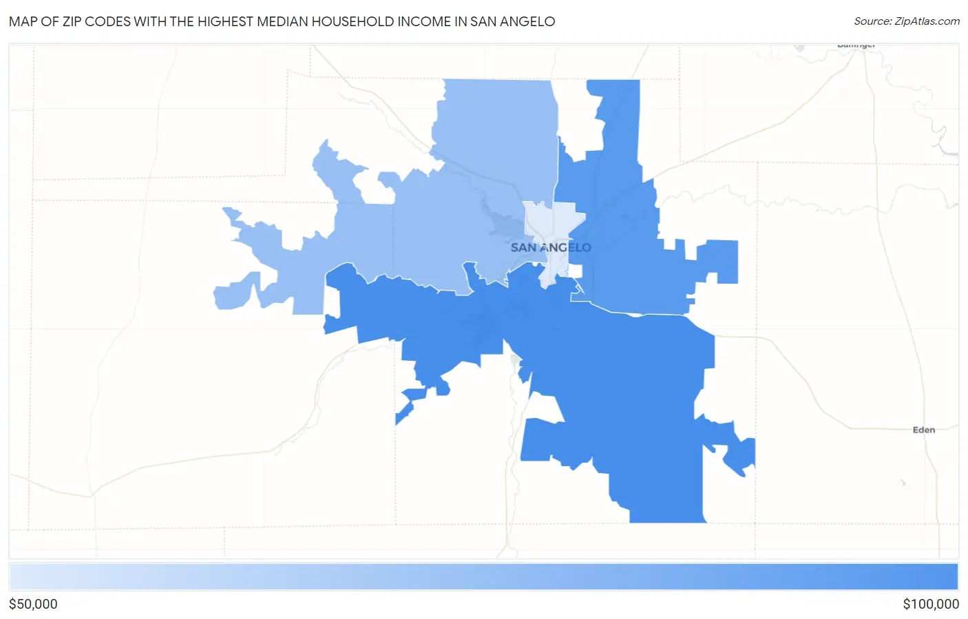 Zip Codes with the Highest Median Household Income in San Angelo Map