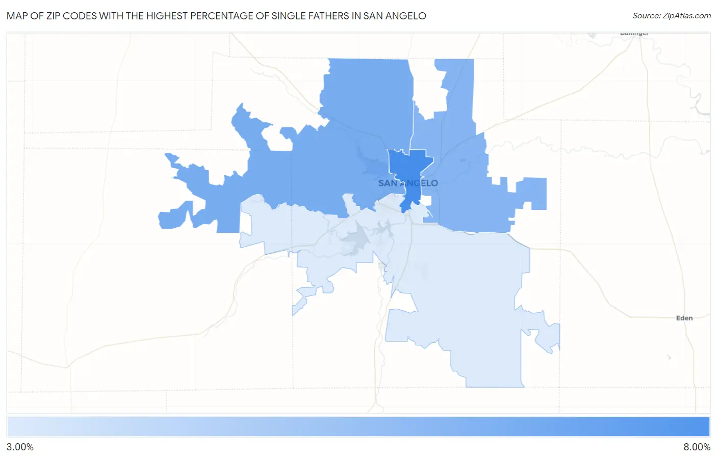 Zip Codes with the Highest Percentage of Single Fathers in San Angelo Map