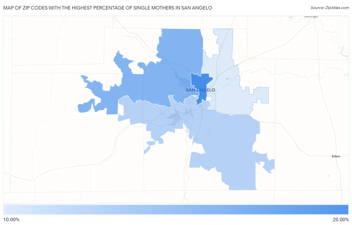 Zip Codes with the Highest Percentage of Single Mothers in San Angelo Map
