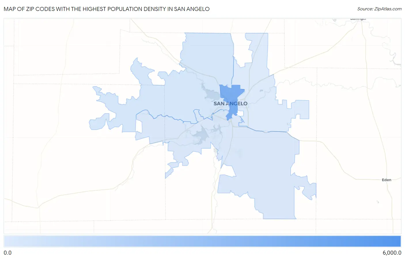 Zip Codes with the Highest Population Density in San Angelo Map