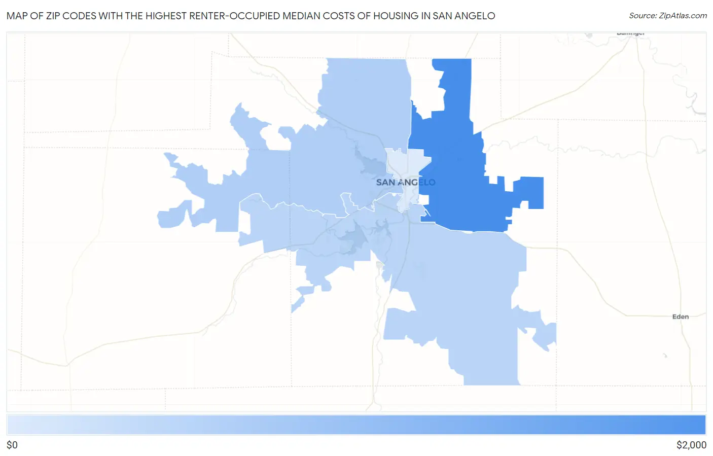 Zip Codes with the Highest Renter-Occupied Median Costs of Housing in San Angelo Map