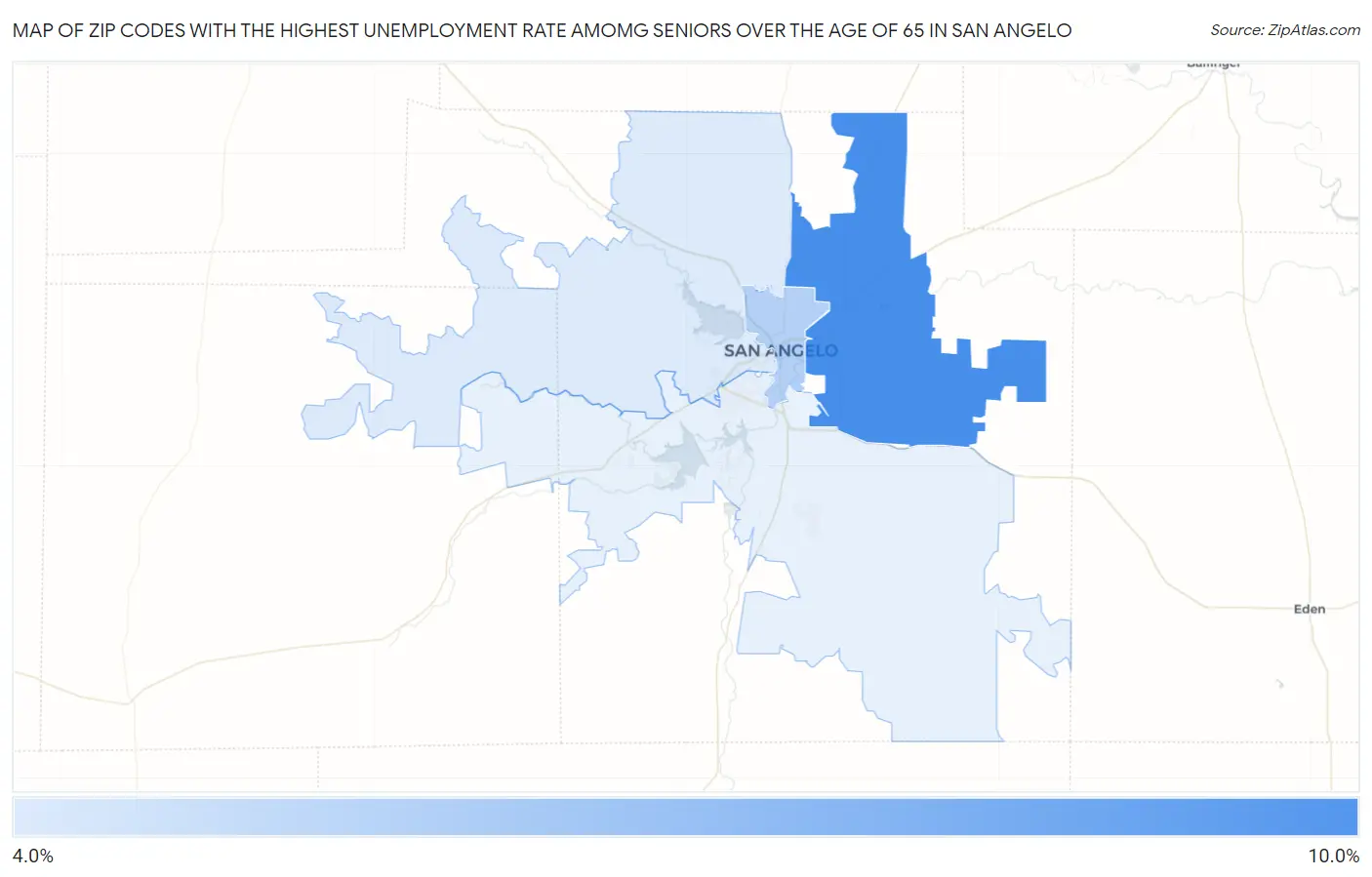 Zip Codes with the Highest Unemployment Rate Amomg Seniors Over the Age of 65 in San Angelo Map