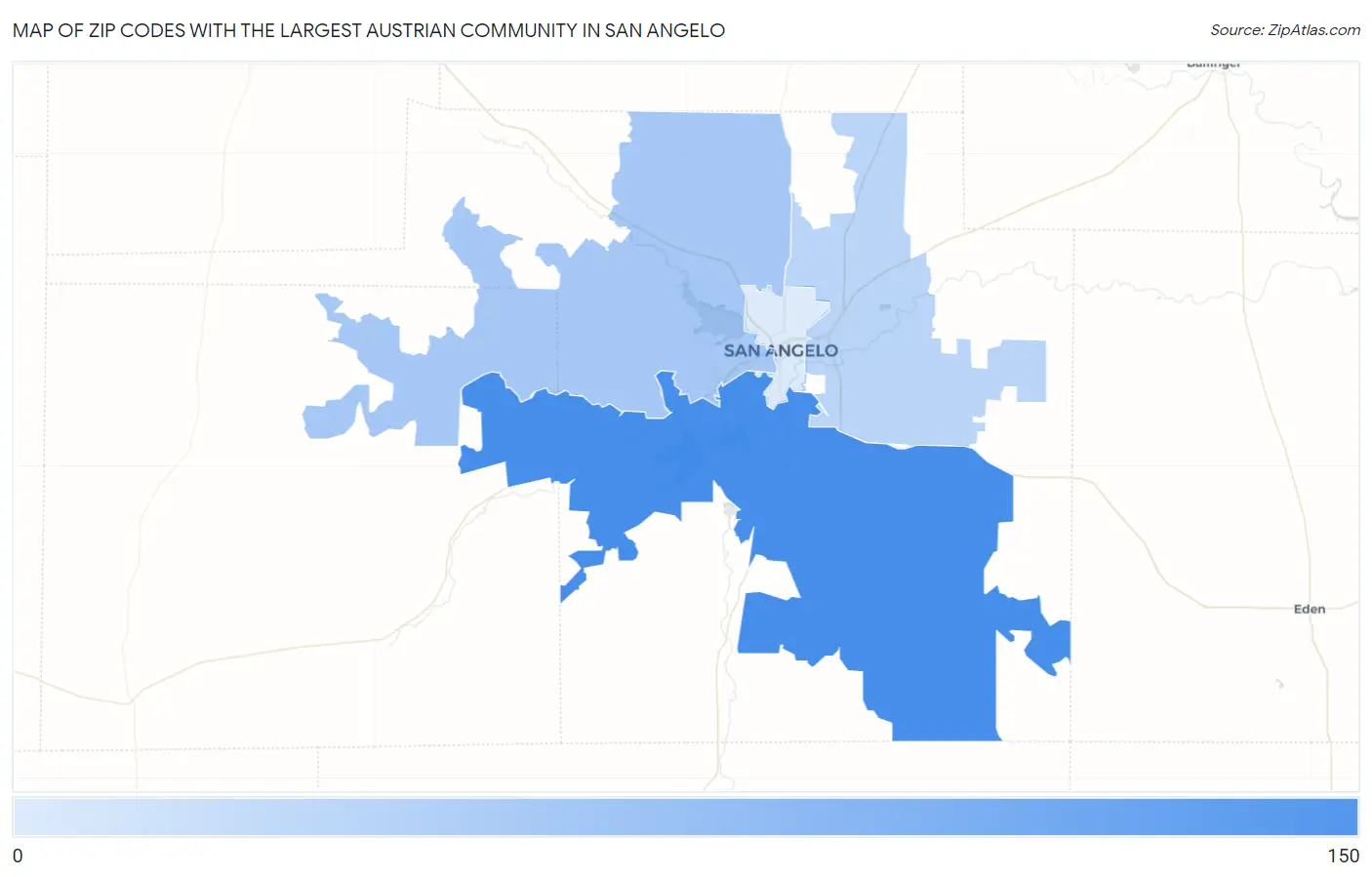 Zip Codes with the Largest Austrian Community in San Angelo Map