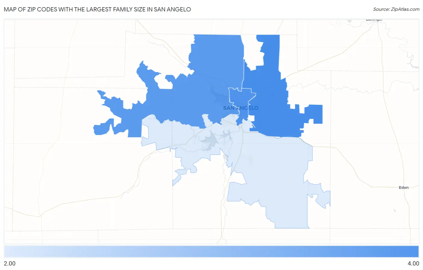 Zip Codes with the Largest Family Size in San Angelo Map