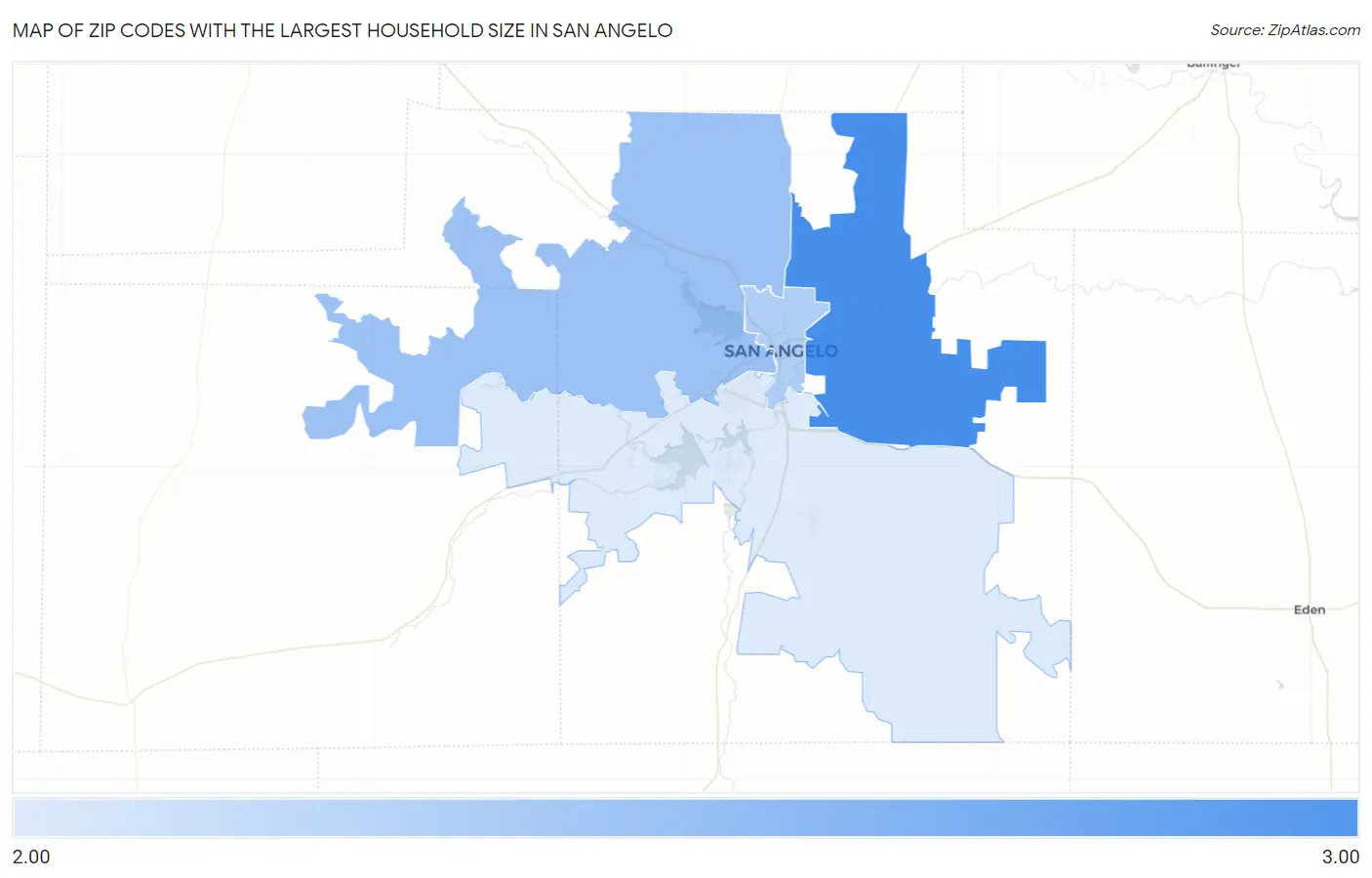 Zip Codes with the Largest Household Size in San Angelo Map