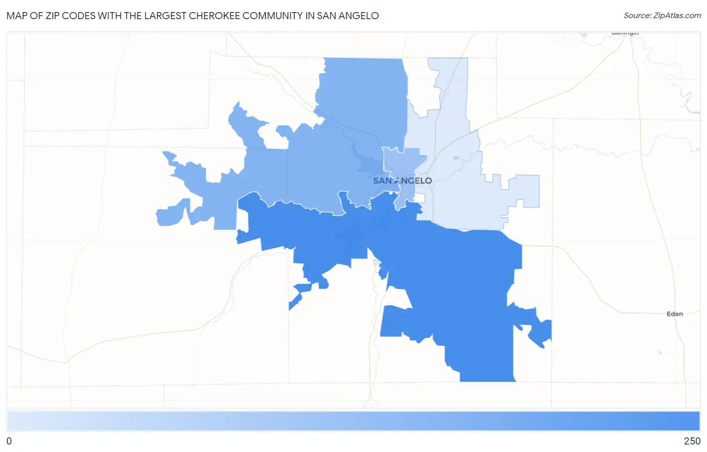 Zip Codes with the Largest Cherokee Community in San Angelo Map