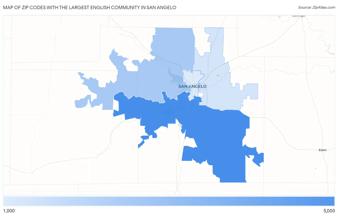 Zip Codes with the Largest English Community in San Angelo Map