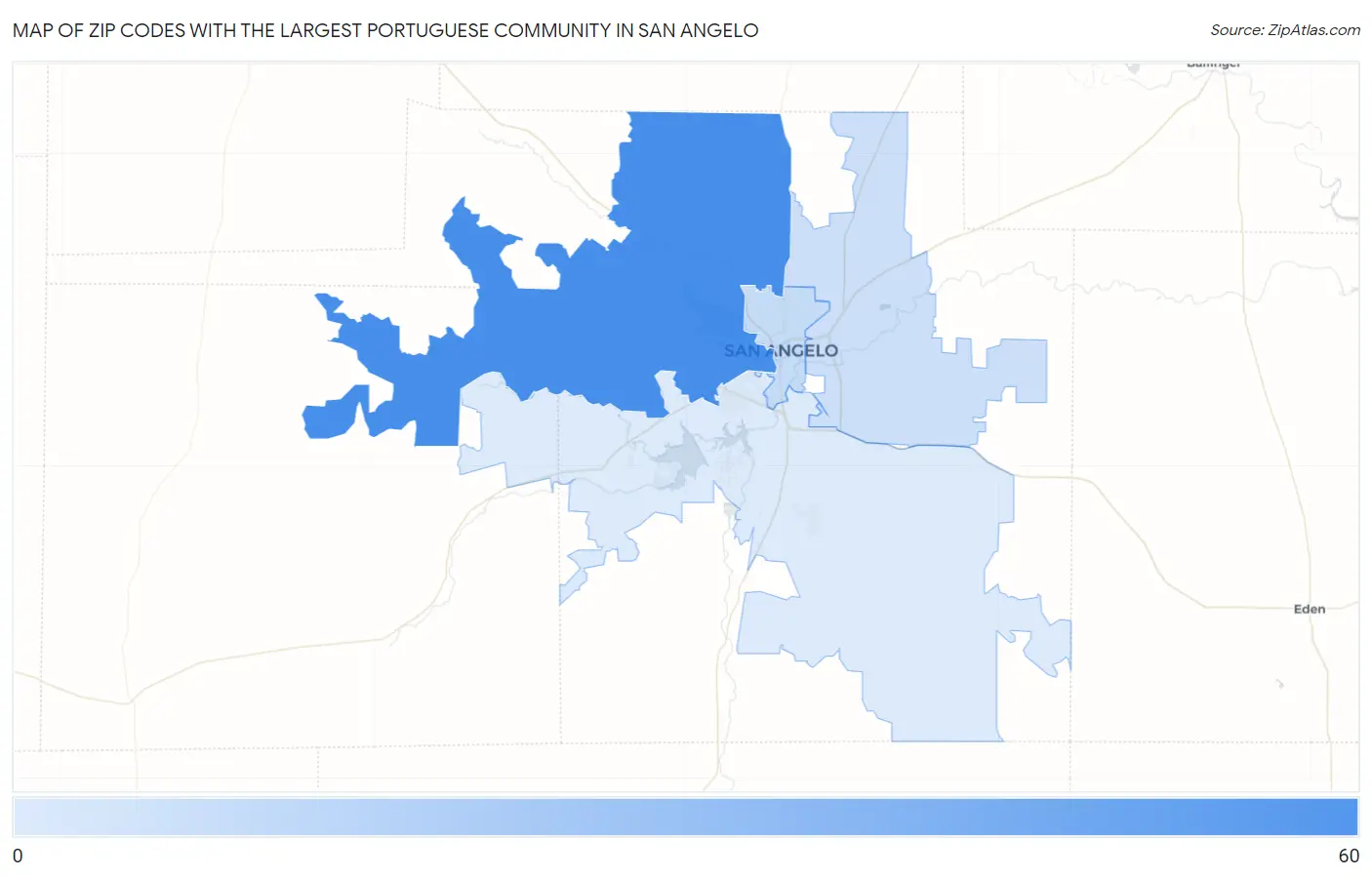 Zip Codes with the Largest Portuguese Community in San Angelo Map