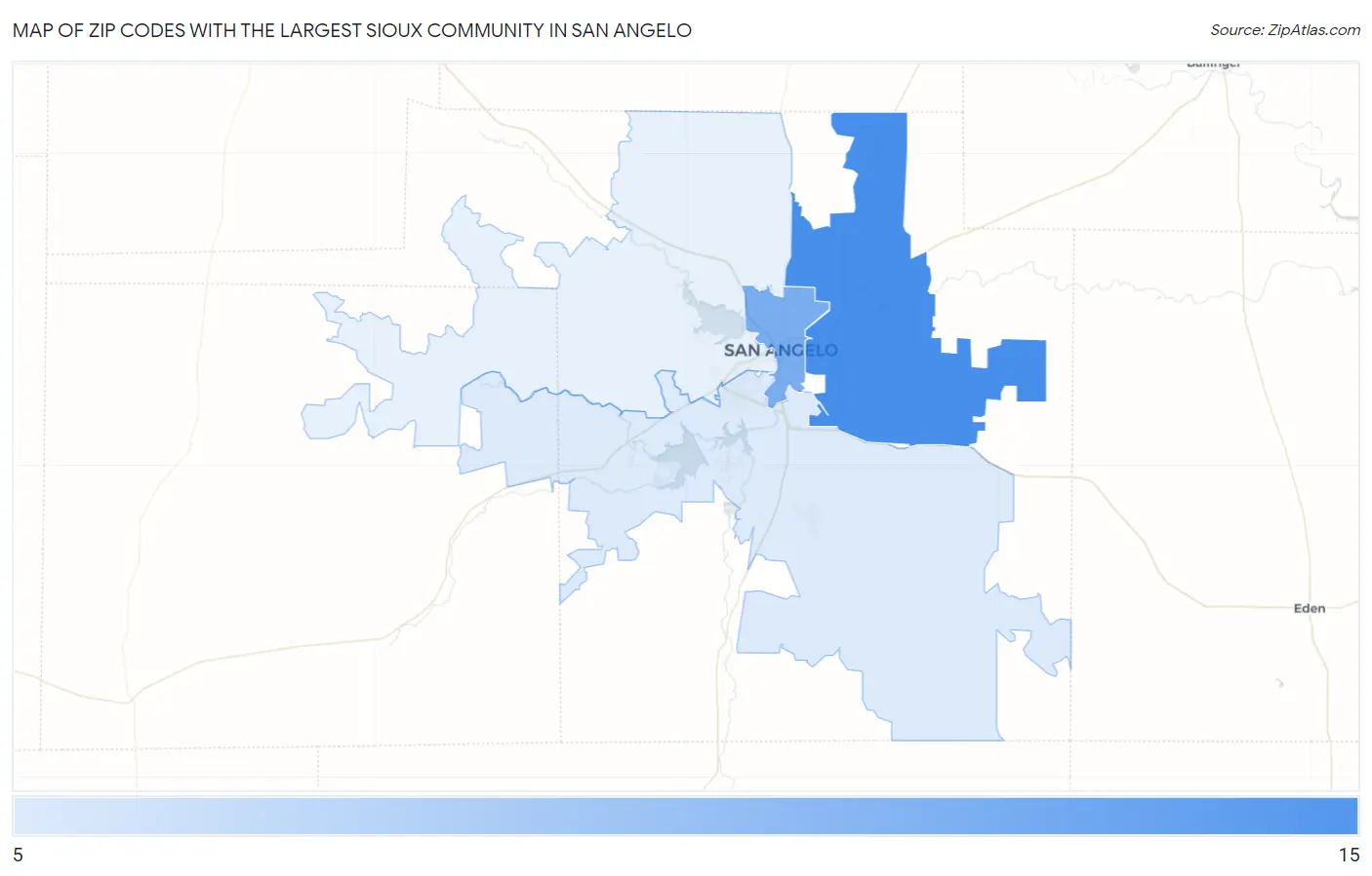 Zip Codes with the Largest Sioux Community in San Angelo Map