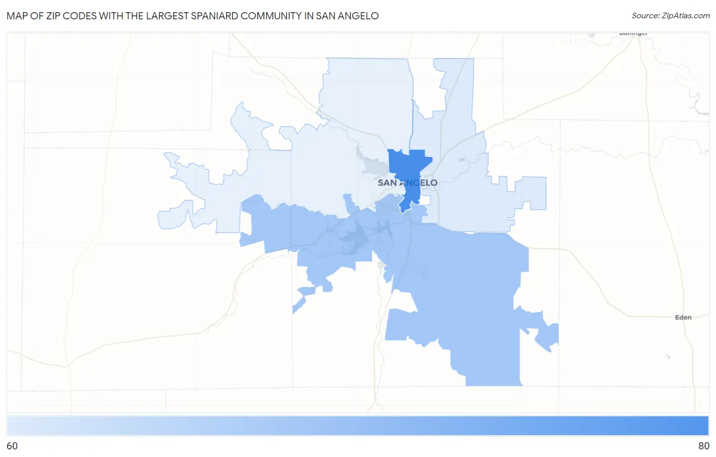 Zip Codes with the Largest Spaniard Community in San Angelo Map