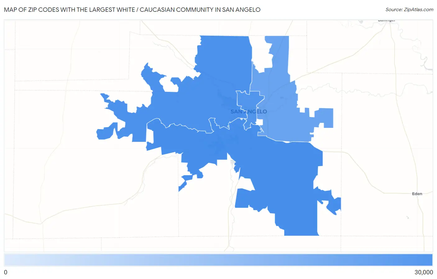 Zip Codes with the Largest White / Caucasian Community in San Angelo Map