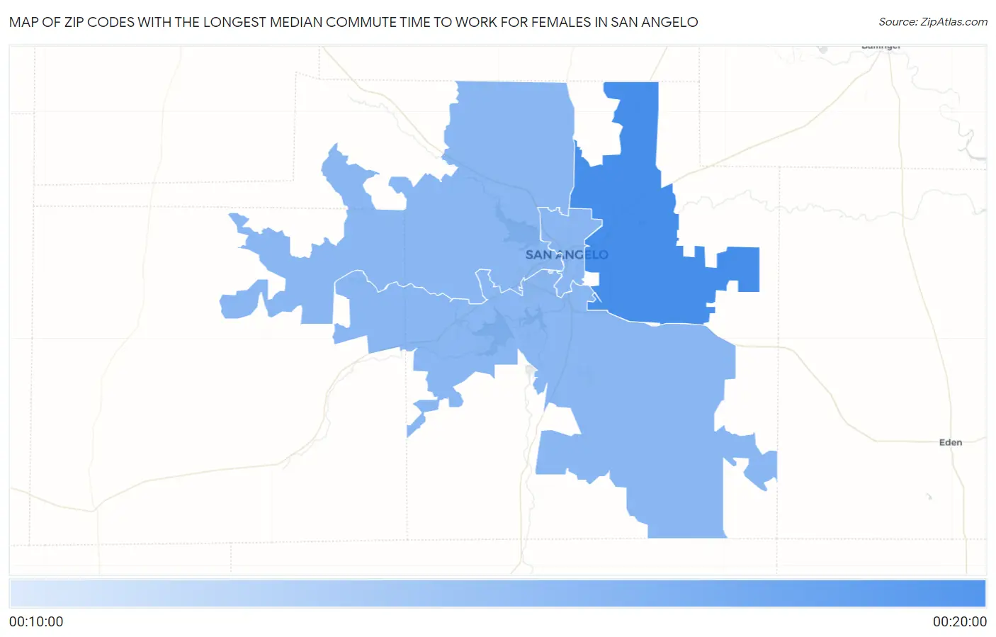 Zip Codes with the Longest Median Commute Time to Work for Females in San Angelo Map