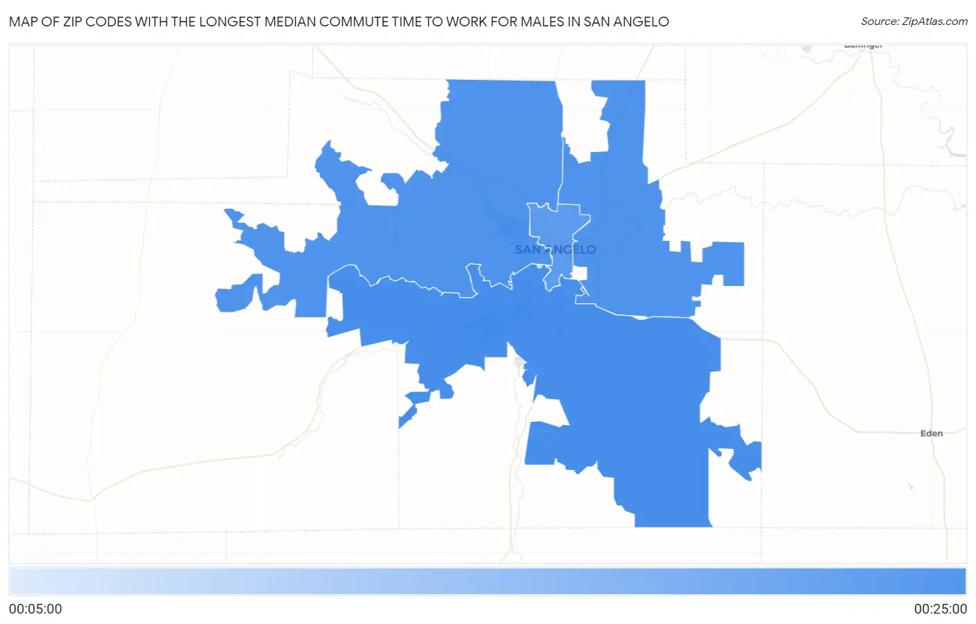 Zip Codes with the Longest Median Commute Time to Work for Males in San Angelo Map