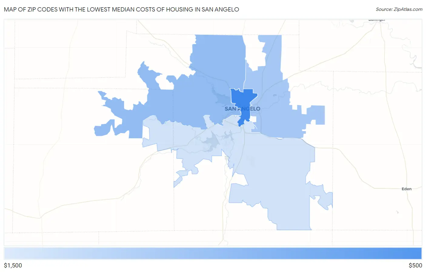 Zip Codes with the Lowest Median Costs of Housing in San Angelo Map