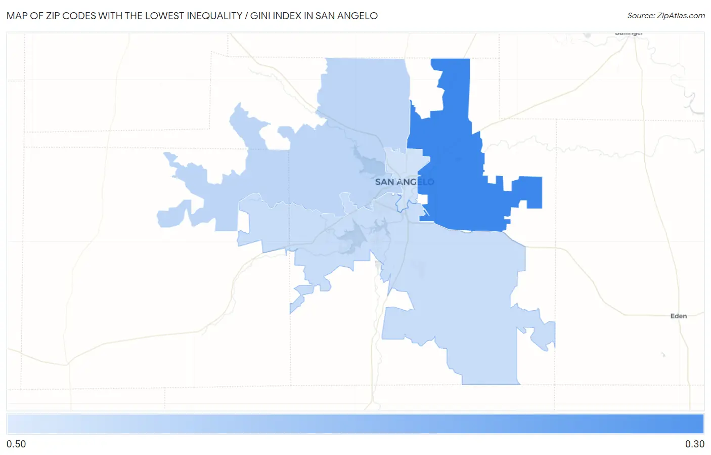Zip Codes with the Lowest Inequality / Gini Index in San Angelo Map