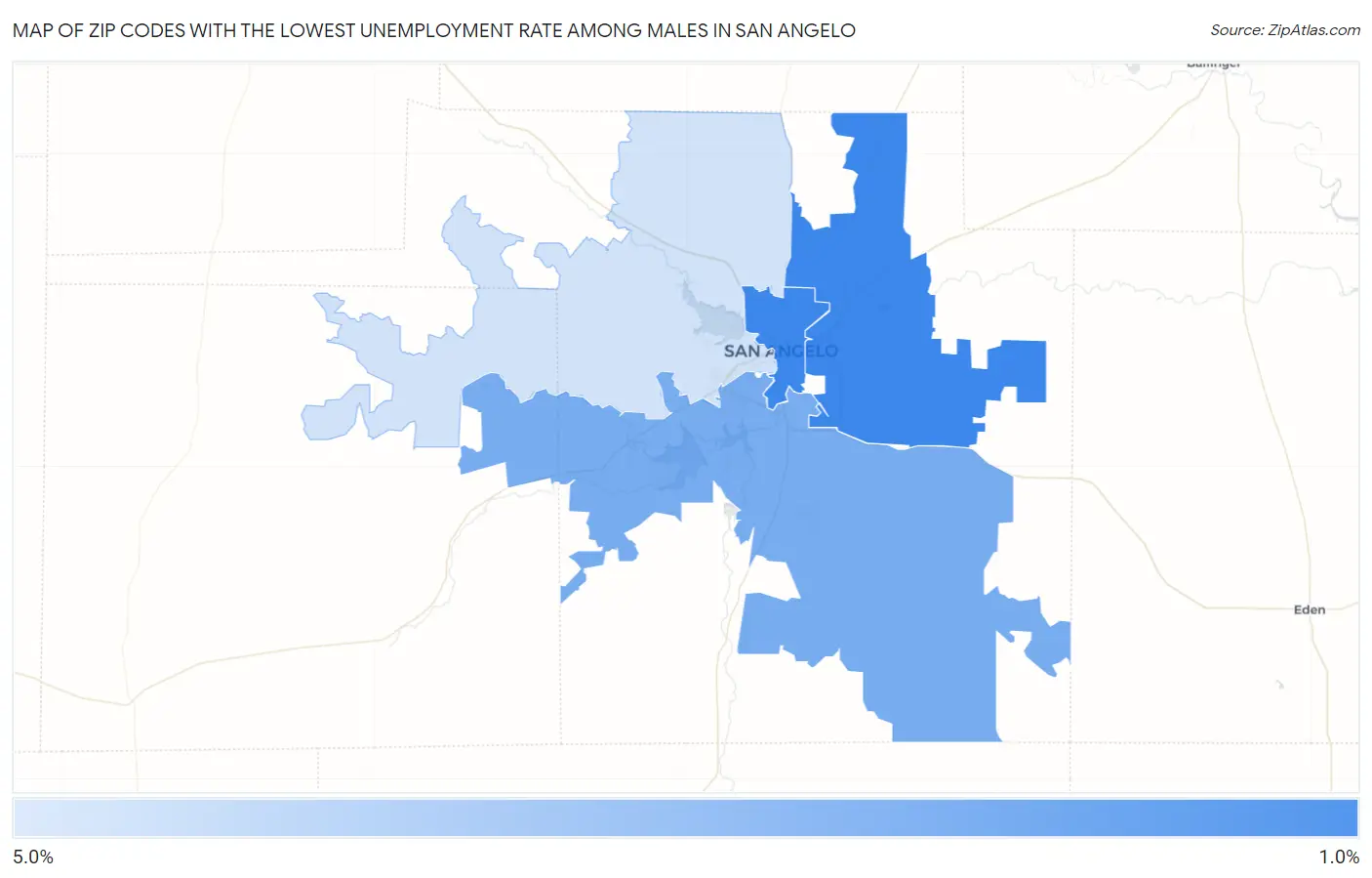 Zip Codes with the Lowest Unemployment Rate Among Males in San Angelo Map