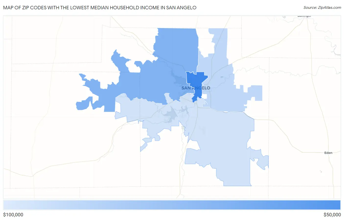 Zip Codes with the Lowest Median Household Income in San Angelo Map